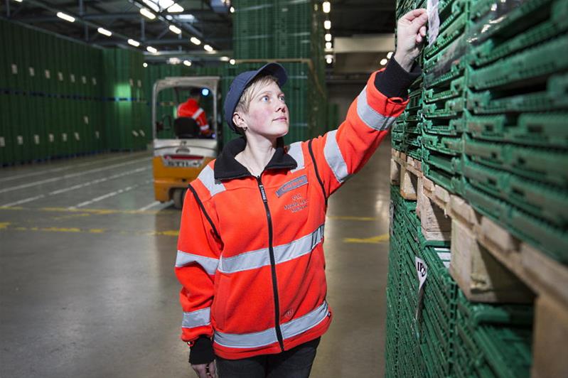 Une jeune femme vérifie l'étiquettage d'une palette dans un entrepôt de marchandises.