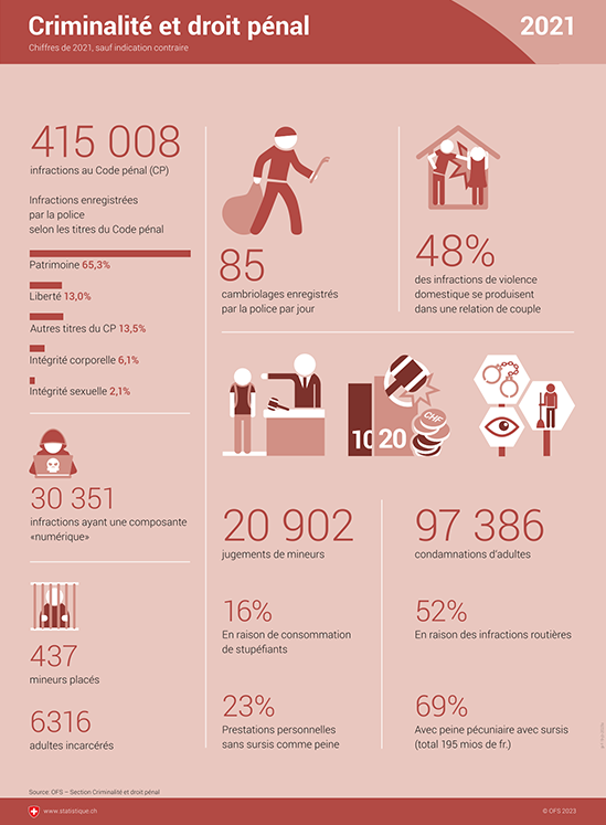 L'infographie de 2020 communique des chiffres concernant le nombre d'infractions au Code pénal, la part des infractions ayant une composante numérique, le nombre de mineurs placés et d'adultes incarcérés, le nombre de cambriolages quotidiens.