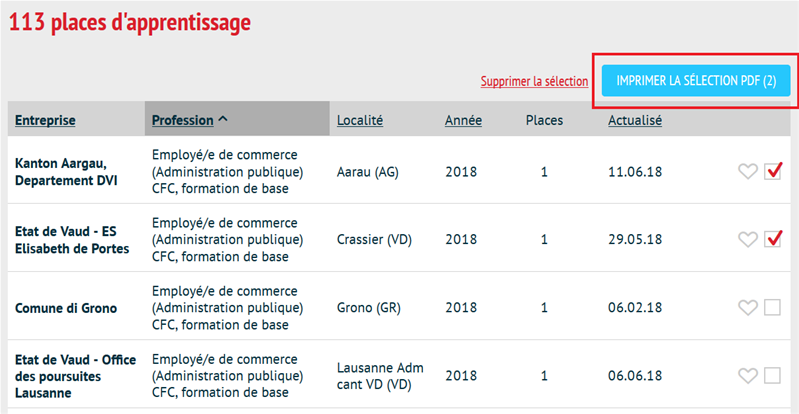 Imprimer les places sélectionnées