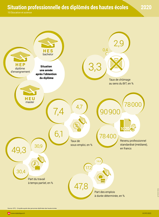 Chiffres de l'année 2020 sur le taux de chômage, le taux de sous-emploi, la part du travail à temps partiel, l'emploi à durée déterminée et le revenu.