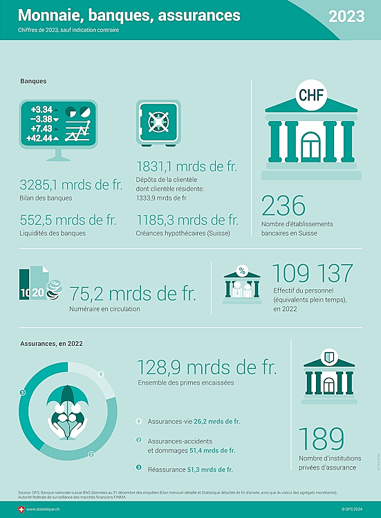 Infographie sur la monnaie, les banques et les assurances.