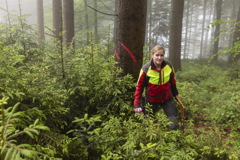 Une jeune femme en habit de forestière marche dans une forêt