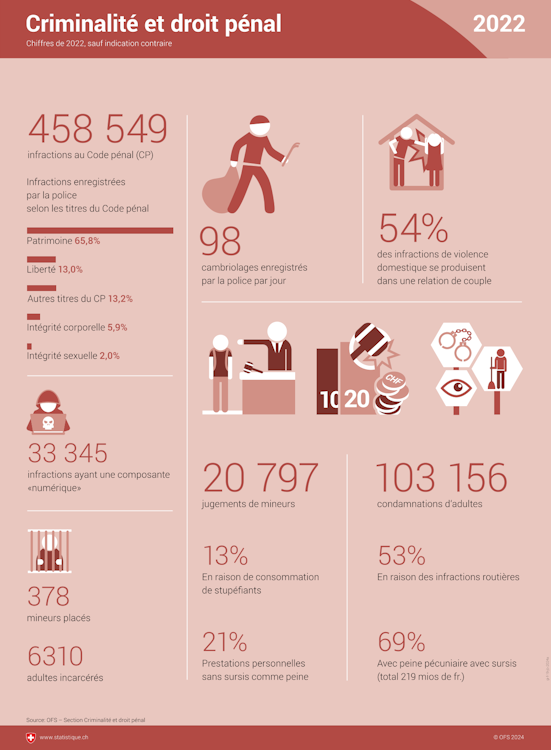 L'infographie communique des chiffres concernant le nombre d'infractions au Code pénal, la part des infractions ayant une composante numérique, le nombre de mineurs placés et d'adultes incarcérés, le nombre de cambriolages quotidiens.