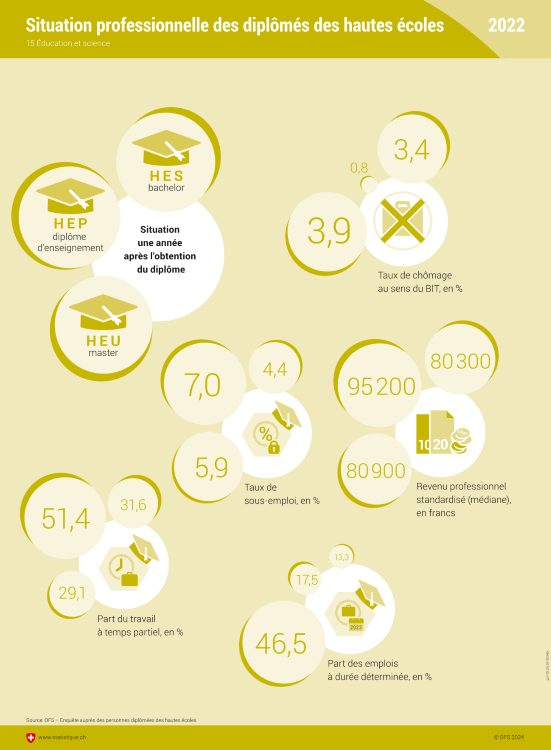 Chiffres de l'année 2023 sur le taux de chômage, le taux de sous-emploi, la part du travail à temps partiel, l'emploi à durée déterminée et le revenu.